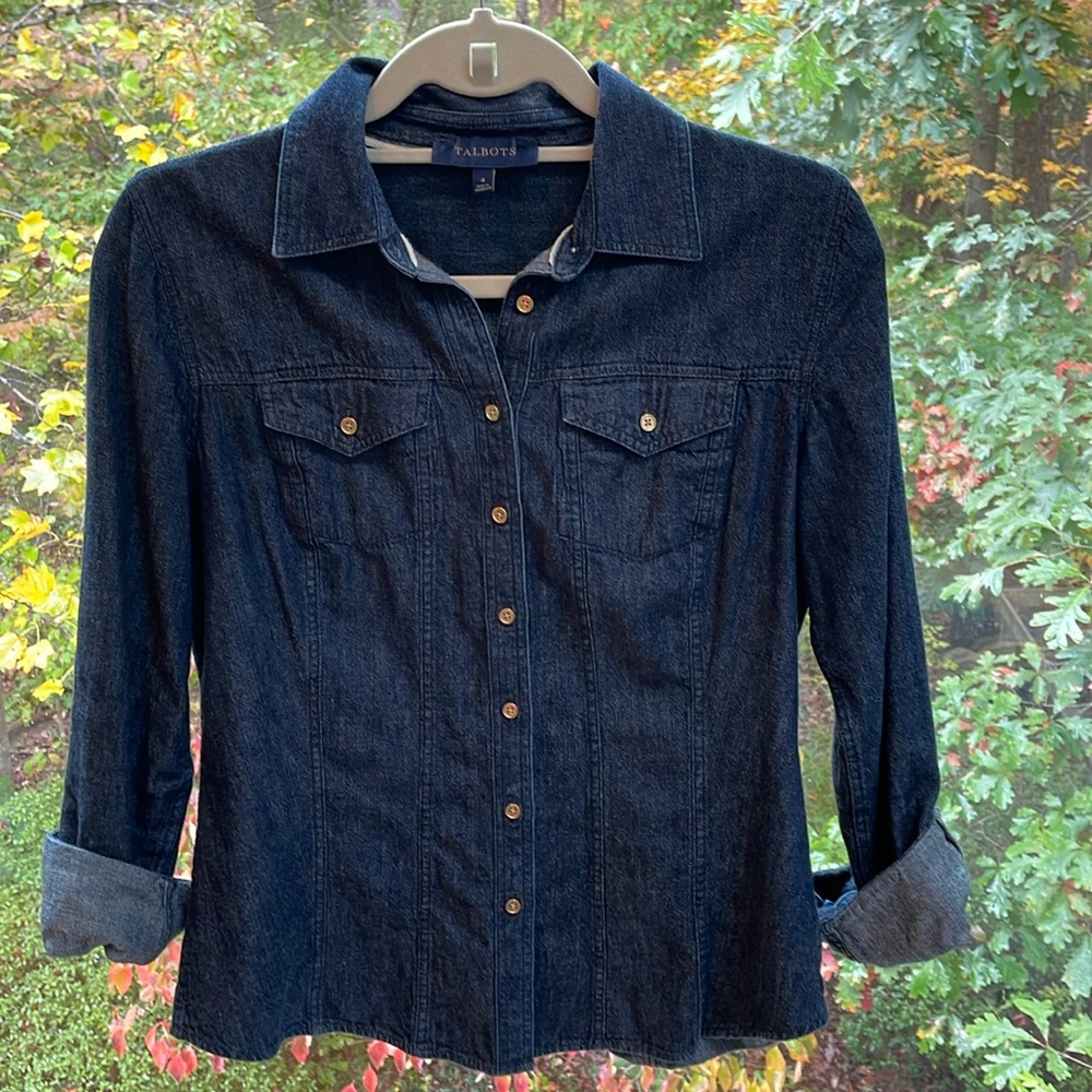 Talbots Dark Chambray Button Front Longsleeve Shirt